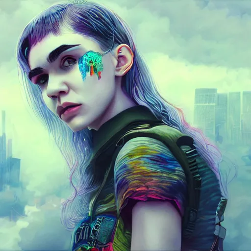 Prompt: portrait of grimes, from music video we appreciate power, mega city skylight, cyberpunk, 8 k, very detailed, photo realism, artstation, art by helena fantasy art