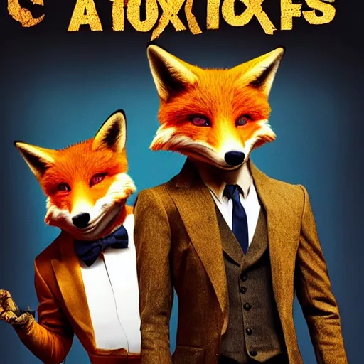 Image similar to hdr quality poster for an action movie fearing cool looking anthropomorphic male foxes in suits stealing fried chicken, promotional media