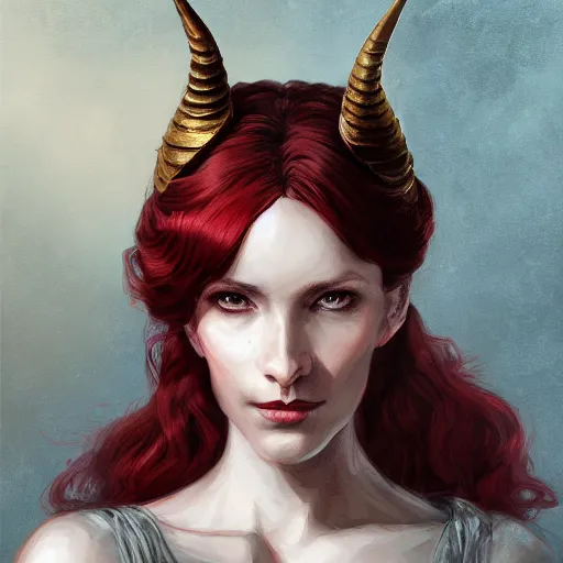 Image similar to a detailed matte head - on portrait painting of an middle - aged tiefling elegant and distinguished noblewoman with golden eyes and short long flowing red hair, by charlie bowater, lise deharme, wlop, tending on arstation, dungeons and dragon, dnd, pathfinder, fanart, oil on canvas