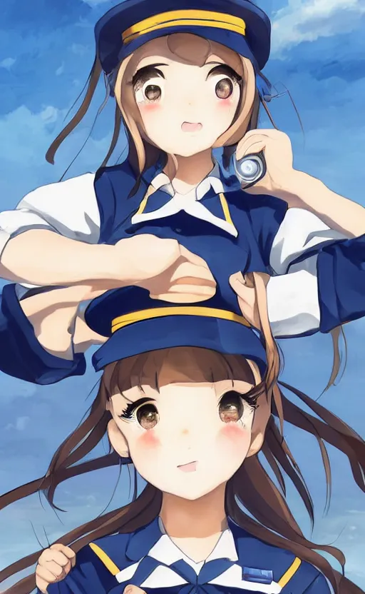 Prompt: portrait of a shipgirl in sailor uniform, highly detailed, high resolution, military naval port in the background, the front of a modern trading card, illustration, character concept art, stunning, kancolle style, matte, 100mm, by japanese artist shibafu, realistic human anatomy, realistic military carrier, modern warfare, realistic gun design, digitally draw on wacom tablet, low saturation, small eyes, hard surfaces