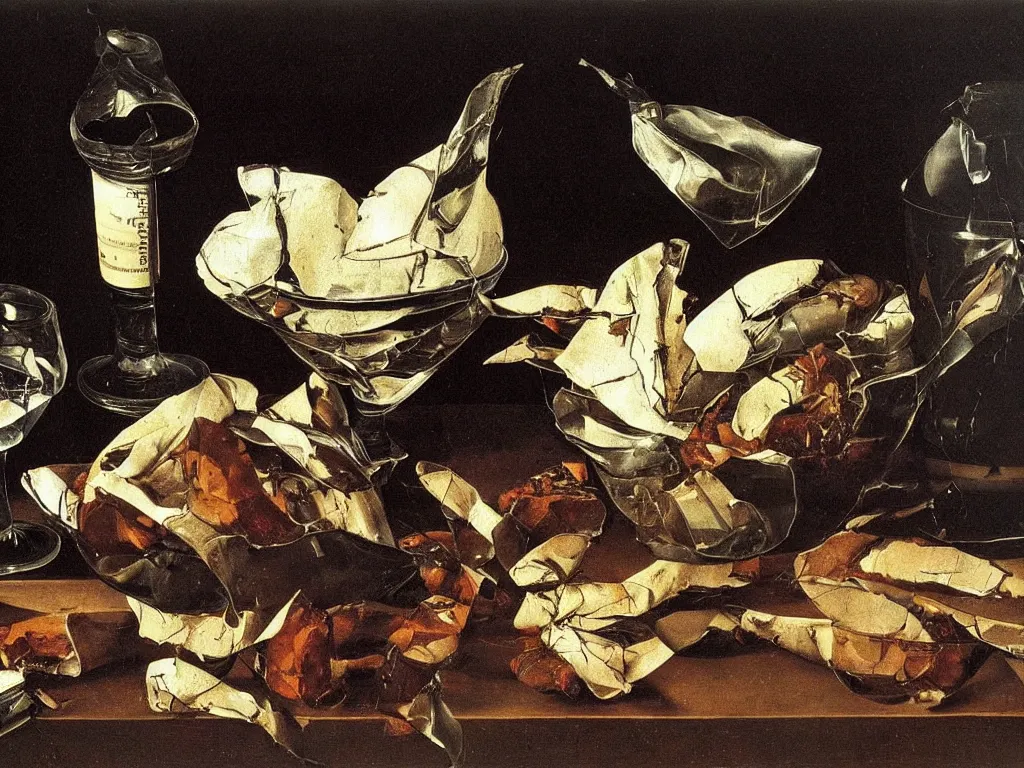 Image similar to by Michelangelo Merisi da Caravaggio Still Life with broken shattered wine bottles