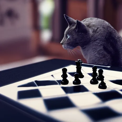 Image similar to grim reaper playing chess with cat 8 k, ultra realistic, unreal engine 5