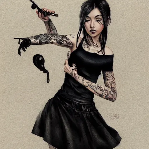 Image similar to french bar maid, tattoos, black t - shirt, black skirt, detailed portrait, intricate complexity, by greg rutkowski, artgerm, ross tran, conrad roset, takato yomamoto, ilya kuvshinov. 4 k, beautiful, cinematic dramatic atmosphere