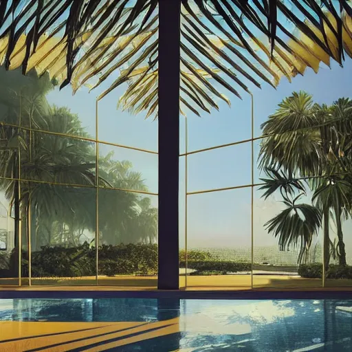 Image similar to indoor liminal space, golden light, peter tarka, palm trees, minimalistic, hyperrealistic surrealism, award winning masterpiece with incredible details, epic stunning, infinity pool mirrors, a surreal vaporwave liminal space with mirrors, highly detailed, trending on artstation, artgerm and greg rutkowski and alphonse mucha, daily deviation