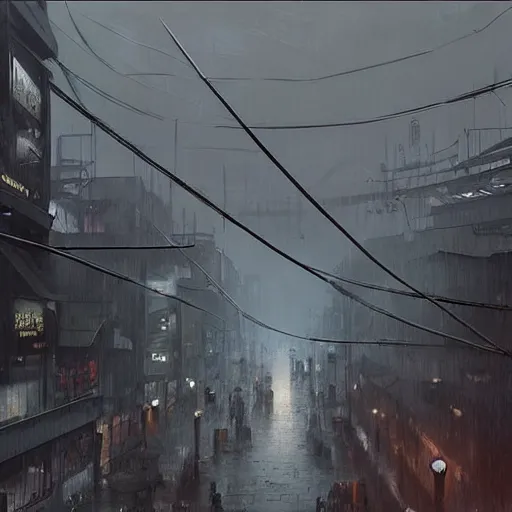 Image similar to raining dark smog wide angle shot machinery dieselpunk dystopia corrogated steel overhead walkway trending on artstation megalomaniac city