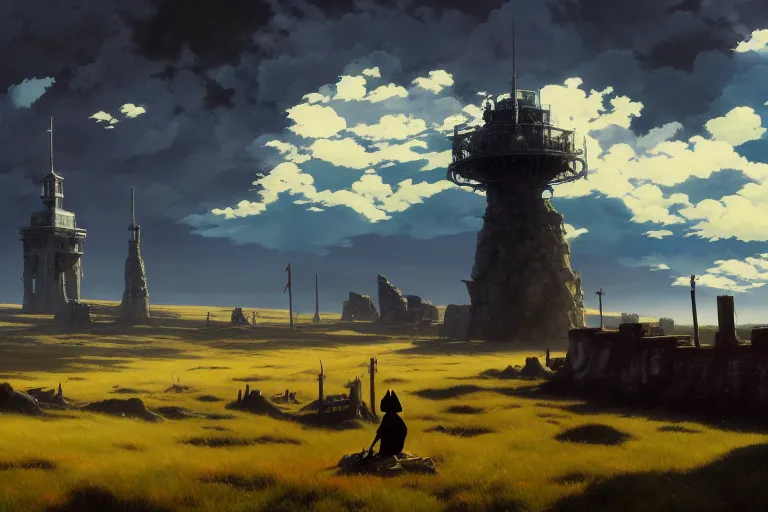 Prompt: anime key visual of grimdark fantasy world, open battlefield plains, overcast sky with sunrays between clouds, tower of skulls, style of jamie wyeth james gilleard edward hopper greg rutkowski acrylic painting, oil on canvas, preserved museum piece, historical