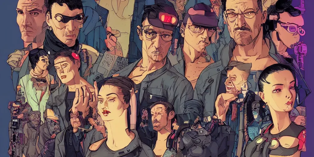 Image similar to cyberpunk heist crew. portrait by stonehouse and mœbius and will eisner and gil elvgren and pixar. character design. realistic proportions. dystopian. cyberpunk 2 0 7 7 character art, blade runner 2 0 4 9 concept art. cel shading. attractive face. thick lines. hi def 4 k. the team. detailed interesting characters. realistic expressive faces.