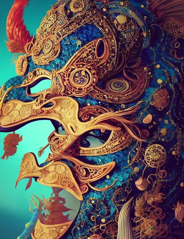 Image similar to 3 d shaman in venetian mask close - up profile portrait. beautiful intricately detailed japanese crow kitsune mask and clasical japanese kimono. betta fish, jellyfish phoenix, bio luminescent, plasma, ice, water, wind, creature, artwork by tooth wu and wlop and beeple and greg rutkowski