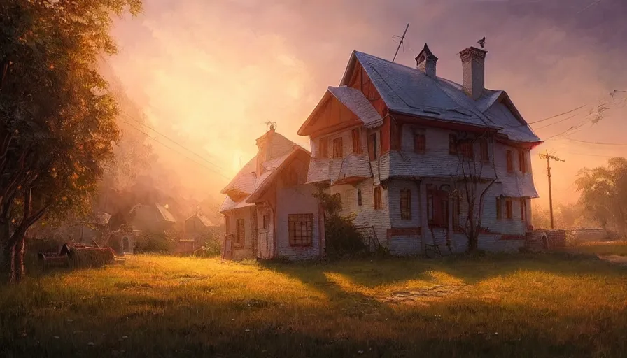 Image similar to beautiful painting of house in russian village during sunset, wide shot, digital painting, intricate details, trending on artstation, concept art, octane render, realistic, highly detailed, smooth, sharp focus, beautiful, 4 k, 8 k, hd, art by charlie bowater and artgerm and greg rutkowski