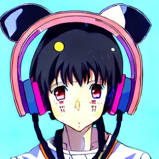 Image similar to An anime character's head wearing retro headphones. 90s anime, Sailor Moon, Neon Genesis, official art, flat cell shading, fantastic screenshot art, trending on artstation, muted nostalgic colors