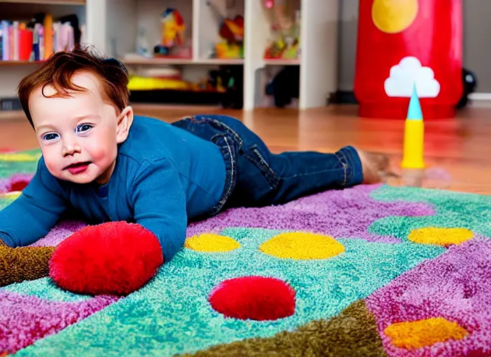 Prompt: toddler elon musk lying on a shaggy rug playing with his space rockets, realistic materials, beautiful soft lighting, wlop