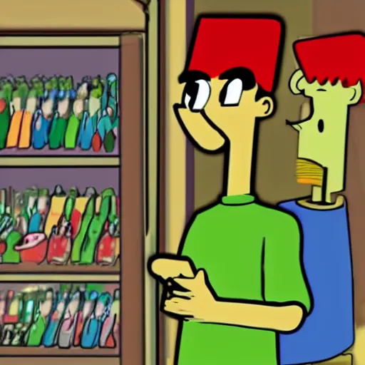 Image similar to Baldi from Baldi's Basics shopping for video games in London in the style of a 90's era cartoon.