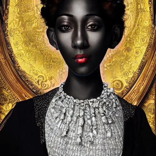 Image similar to hyperdetailed maximalist elaborate half - lenght portrait of a futuristic a beautiful black girl, wearing long clothing. rococo architecture, in the style of modigliani and mixed media collage. matte background hd 8 x