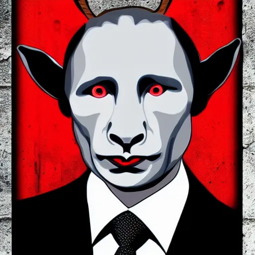 Image similar to vladimir putin, anthropomorphic goat putin, putin face hybrid, macabre, horror, digital art