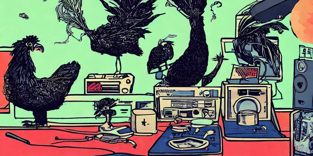 Image similar to 'black chicken'!!! smoking 'cannabis'!!!!!! in front of 'audio console'!!!! and 'multi monitors'!!!! 'in a hi-tech tv broadcasting studio'!!!!, artwork by James Gilleard