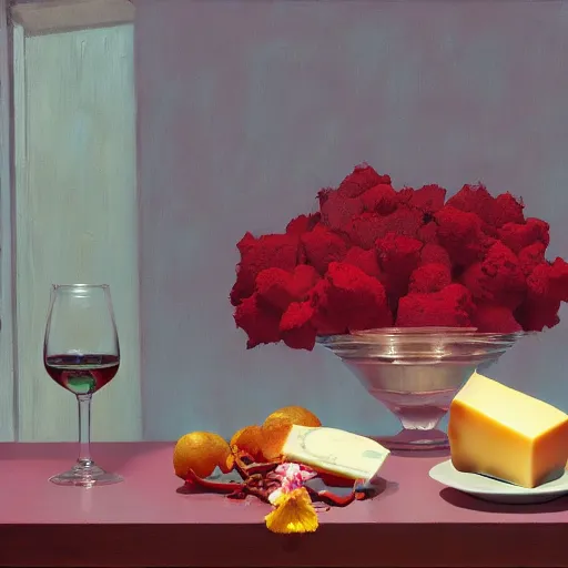 Image similar to an achingly beautiful still life featuring blooming flowers, tillamook cheese, and red wine , very coherent, painted by Edward Hopper, Wayne Barlowe, painted by James Gilleard, airbrush, art by JamesJean