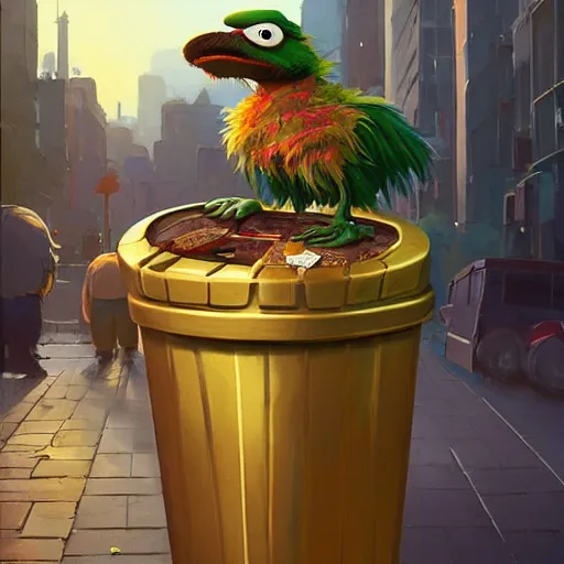 Image similar to oscar the grouch in a gold plated garbage can, behance hd by jesper ejsing, by rhads, makoto shinkai and lois van baarle, ilya kuvshinov, rossdraws global illumination