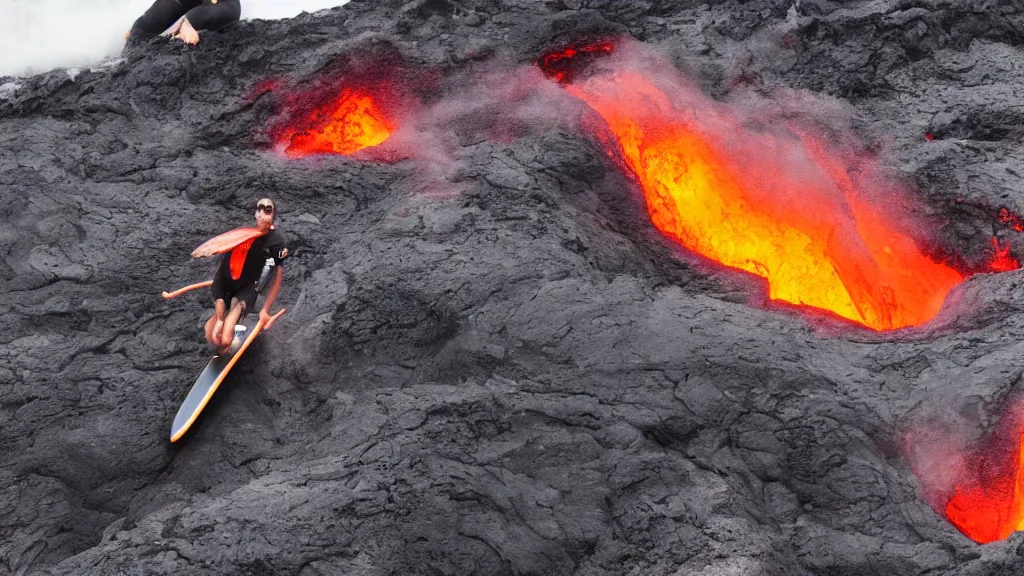 Image similar to person wearing a sponsored team jersey with logos surfing down a river of lava on the side of a volcano on surfboard, action shot, dystopian, thick black smoke and fire, sharp focus