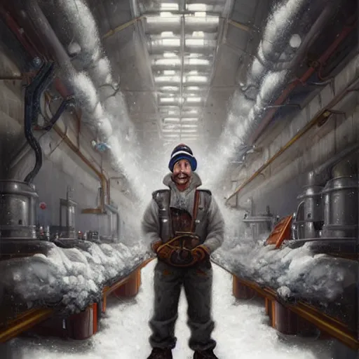 Image similar to beautiful snow - covered plumber posing in factory, half - length portrait, perfect symmetrical eyes, cinematic by peter mohrbacher, detailed, hyperrealism