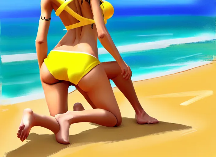 Prompt: toned legs, thongs tracer overwatch, toned legs, thongs, yellow hair, attractive look, sticks out her tongue, winks her eye, toned legs, thongs, dressed in a yellow bikini, full length, wide hips, overlooking the beach, digital painting, realism