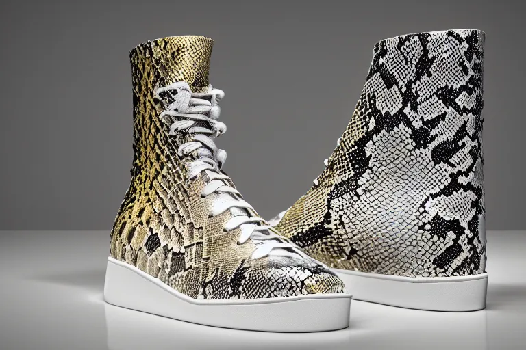 Prompt: one snakeskin hightop sneaker on a white surface, neon illuminated sole, clean 3 d render, beautiful studio lighting, soft, sharp focus, intricate detail, gold filigree, art by iris van herpen