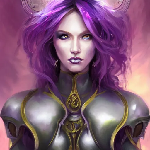 Prompt: perfectly centered portrait, front view of a beautiful woman in bionic amethyst armor, female, flowing purple hair, intense stare, stoic, symmetrical, concept art, intricate detail, volumetric shadows and lighting, realistic oil painting magic the gathering style,