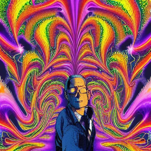 Image similar to Hank Hill from King of the Hill, falling into the abyss, fractal void, dmt colors, hyperrealistic