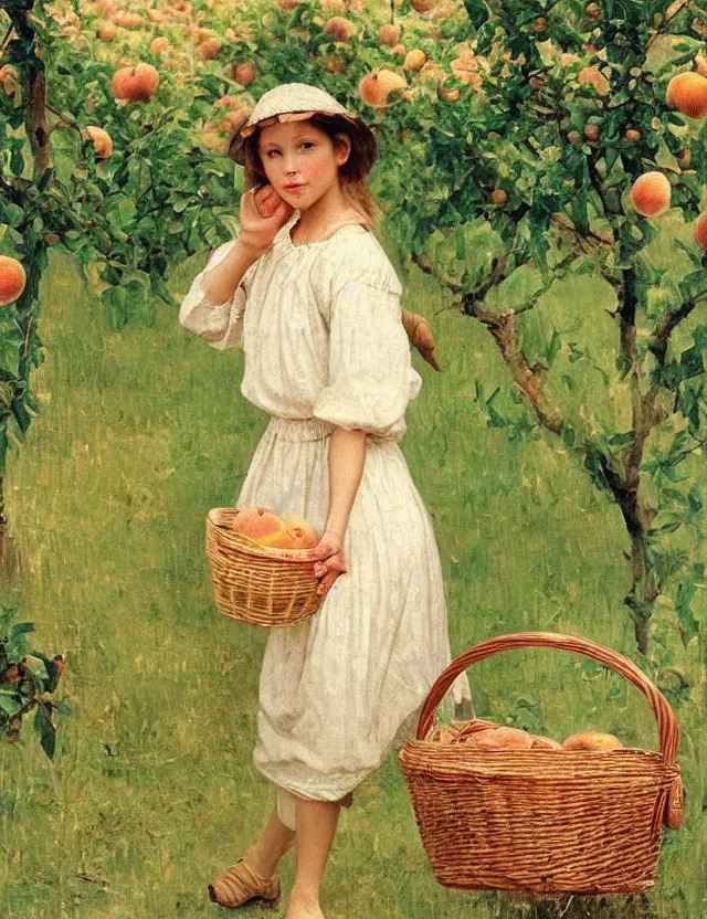 Image similar to peasant girl with basket in her hand picking up peach from a peach tree, background of peach tree, lolita style, Cottage core, Cinematic focus, Polaroid photo, vintage, neutral colors, soft lights, foggy, by Steve Hanks, by Serov Valentin, by Andrei Tarkovsky, by Terrence Malick, 8k render, detailed, oil on canvas