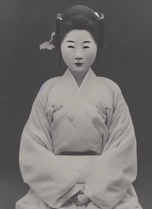 Prompt: old vintage photo of Chinese ancient geisha in the ancient temple looking at big space suit helmet laying in front of her on the altar, symmetrical face, big eyes and lips, looking at camera, subtle makeup, clean face and body skin,ecstatic expression,volumetric lights,depth of field, lens flares, dust in the air, moody lighting, intricate, elegant, highly detailed, centered, smooth, sharp focus, Donato Giancola, Joseph Christian Leyendecker, WLOP, Boris Vallejo, Artgerm moody photography, old photo, black and white, sepia, cinematic lighting, cinematic angle, national geographic
