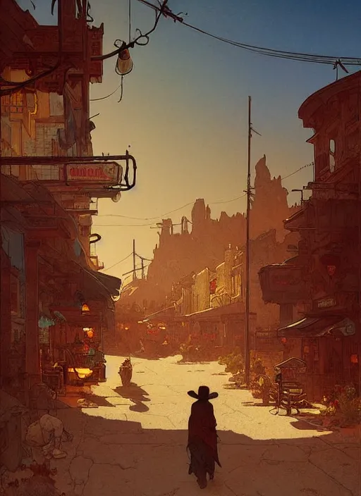 Image similar to beautiful commission of a desert western town. Atmospheric. Renowned scene illustration by greg rutkowski, thomas kindkade, alphonse mucha, loish, norman rockwell. detailed, inked, western comic book art