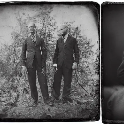 Prompt: tintype photographs, wide angle view, operators, in isolated suits, dissecting huge lovecraftian creatures