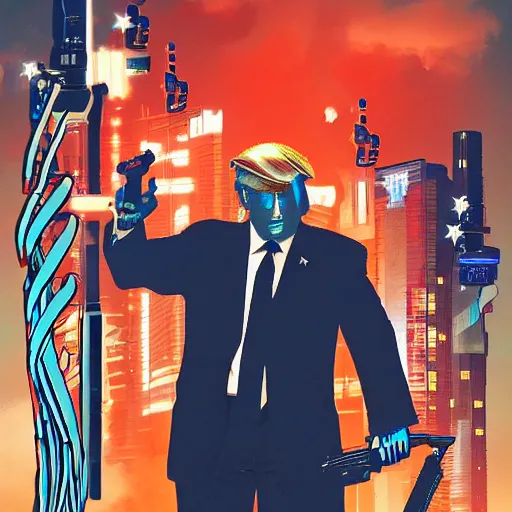 Image similar to cyberpunk donald trump with a shotgun for hands