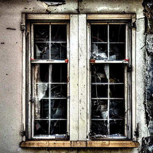 Prompt: A broken window in an abandoned building, Realistic, HDR, HD, Creepy, Haunted
