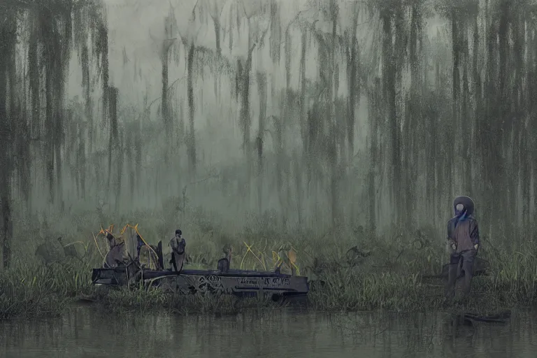 Prompt: scene from louisiana swamps, airboat with neon satanic pentagram, boy scout troop, voodoo artwork by tim eitel