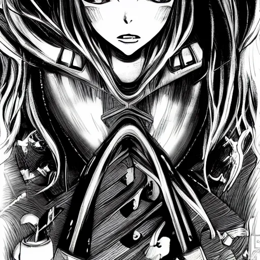 Image similar to beautiful anime girl, punch the chair monster, inspired by h. r. giger in, anime style