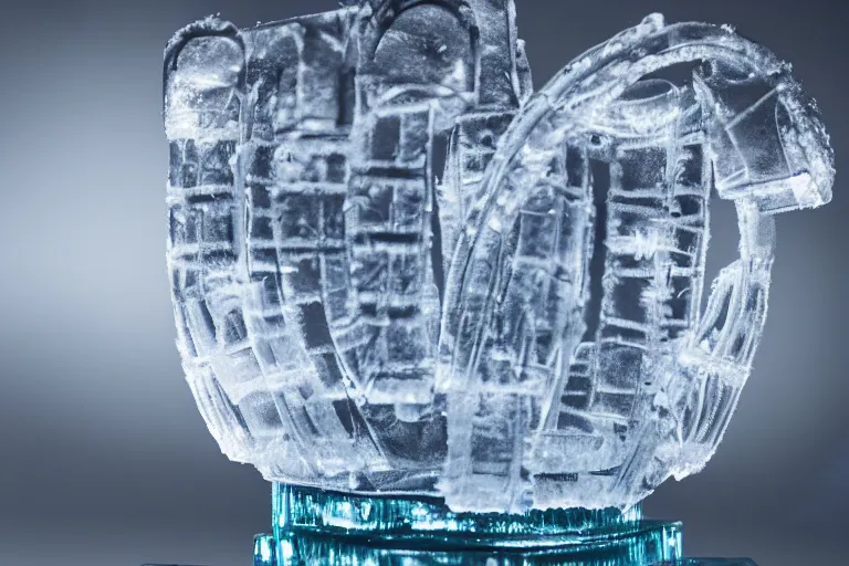 Image similar to a clear ice sculpture of a burger made entirely of ice, 4 k