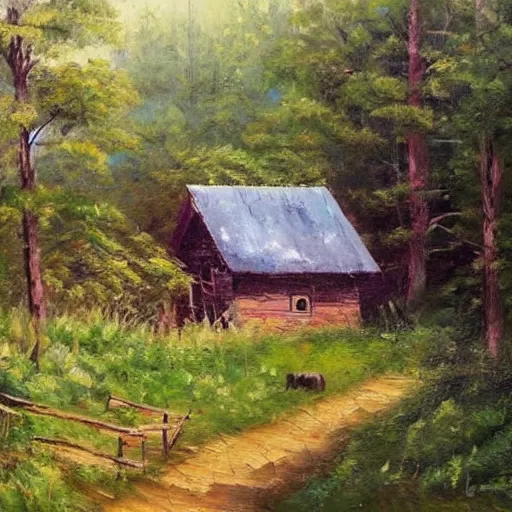 Prompt: little house in the countryside on a sunny day, forest, realistic, detailed, peaceful, brush strokes, oil painting
