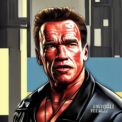 Image similar to Arnold Schwarzenegger in GTA V, cover art by Stephen Bliss, artstation, no text