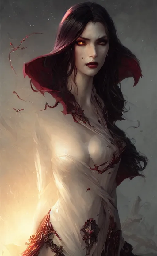 Image similar to desirable Vampire woman, fantasy, intricate, elegant, highly detailed, digital painting, artstation, concept art, matte, sharp focus, illustration, art by artgerm and Greg Rutkowski, dreadjim, zeen chin