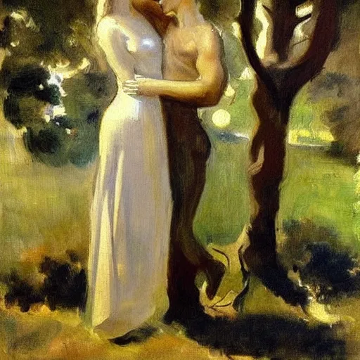 Prompt: a man and woman with tree heads watering each other, beautiful, john singer sargent style painting