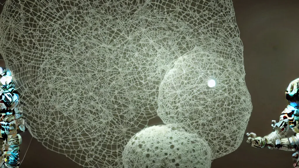 Image similar to a single astronaut eva suit made of diamond 3d fractal lace iridescent bubble 3d skin and covered with insectoid compound eye camera lenses floats through the living room, film still from the movie directed by Denis Villeneuve with art direction by Salvador Dalí, wide lens,