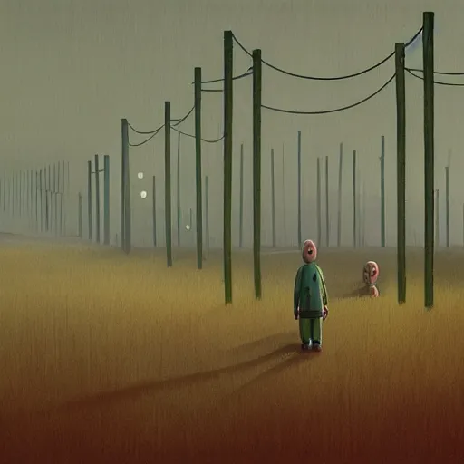 Image similar to simon stalenhag, bananas in pajamas, foggy, horror