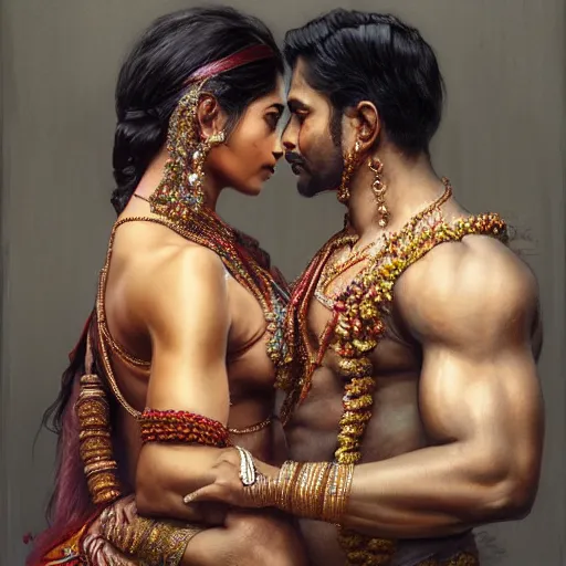 Image similar to portrait painting of dark muscular indian royal couple kissing, ultra realistic, concept art, intricate details, eerie, highly detailed, photorealistic, octane render, 8 k, unreal engine. art by artgerm and greg rutkowski and alphonse mucha