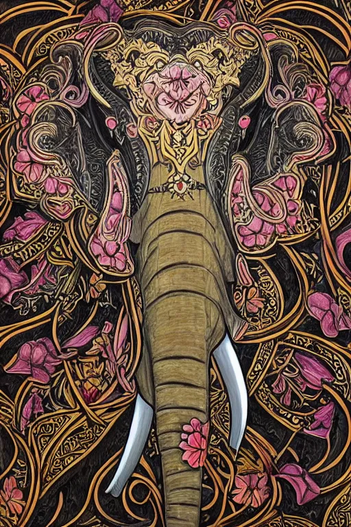 Image similar to Painted dark-wood panel relief carving of a close up of a Flowerpunk Matriarch Elephant, ornate border frame, explosion of colorful flowers, dark wood, intricately carved, black ink, festival of rich colors, intricate details, cinematic lighting, volumetric lighting, post-processing, art nouveau, tarot, fractal art, mandala, by andreas rocha and john howe, and Martin Johnson Heade, featured on artstation, featured on behance, golden ratio, hyper detailed, photorealistic, epic composition, center spotlight, f32, well composed, symmetrical, UE5, 8k