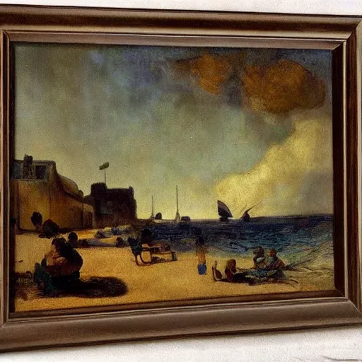 Prompt: Stunning post-impressionist painting of a day at the beach by Rembrandt