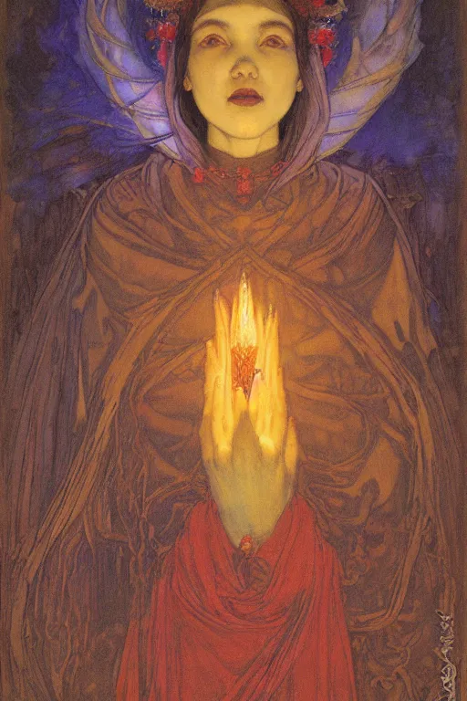 Image similar to child of darkness with her crown and lantern, by Annie Swynnerton and Nicholas Roerich and jean delville, dramatic cinematic lighting , ornate headdress , flowing robes, sacred artifacts, lost civilizations, smooth, sharp focus, extremely detailed