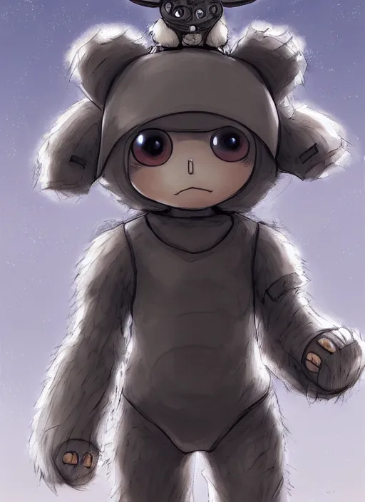 Image similar to beautiful little boy wearing an cyborg bear suit, artwork in kentaro miura and made in abyss and rosdraws, smooth, beautiful lightness, anatomically correct, trending on pixiv, forest