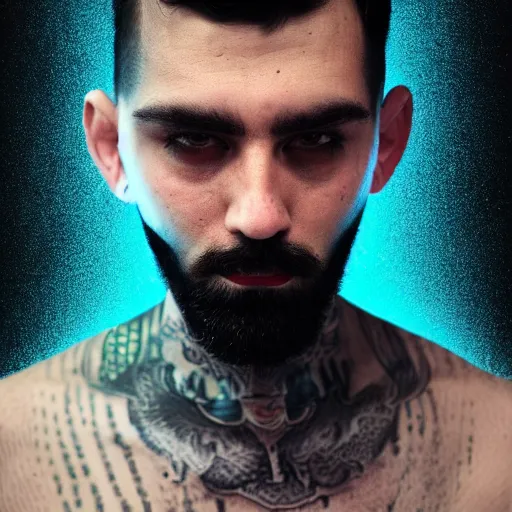 Image similar to bust portrait of handsome proud man with short black hair with grey hair, piercing in eyebrow, very short full beard, cyberpunk, fashion editorial photography, neon color scheme, waist up, low angle