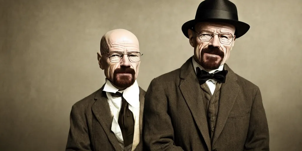 Prompt: walter white wearing clothes in the style of directoire style, photograph, grinning, creepy,