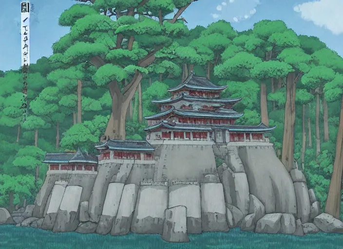 Image similar to japanese fortress in a city inside the forest by studio ghibli painting